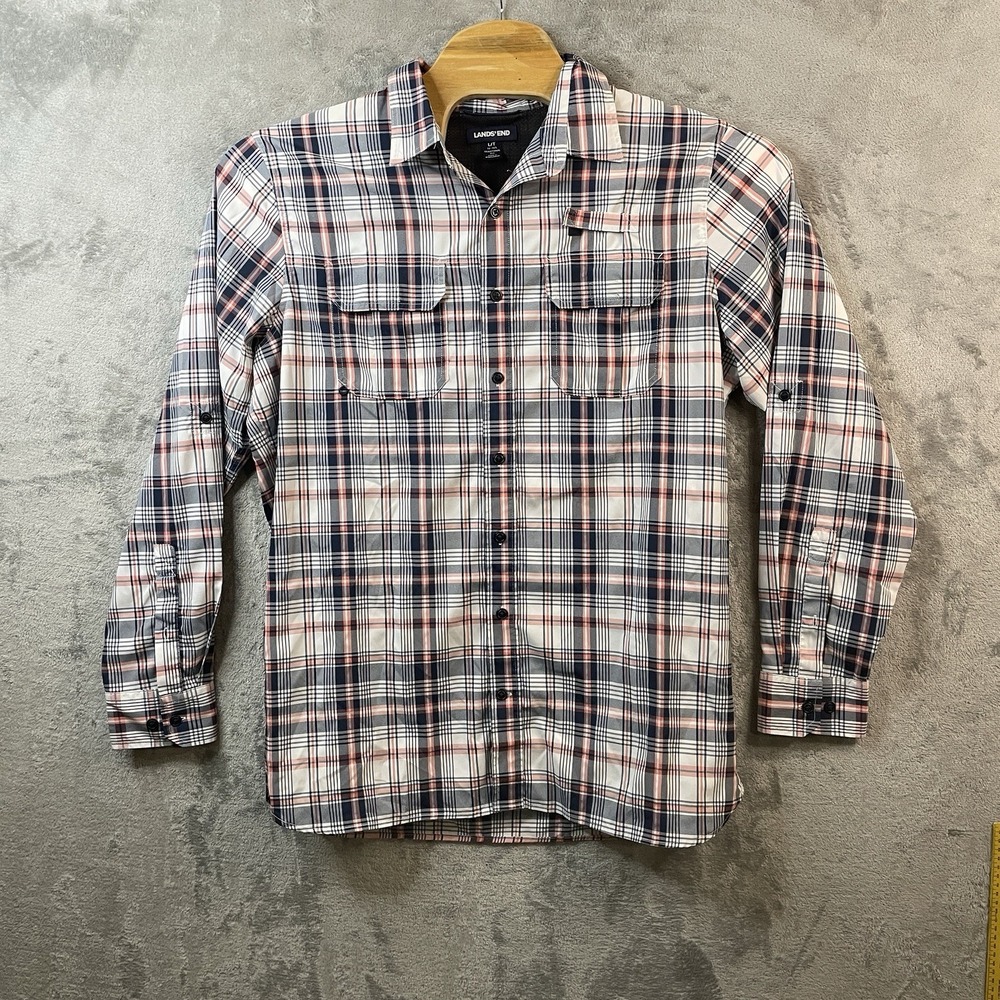 Lands' End Men's L Shirt Traditional‎ Fit White Blue Red Plaid Fishing Hunting